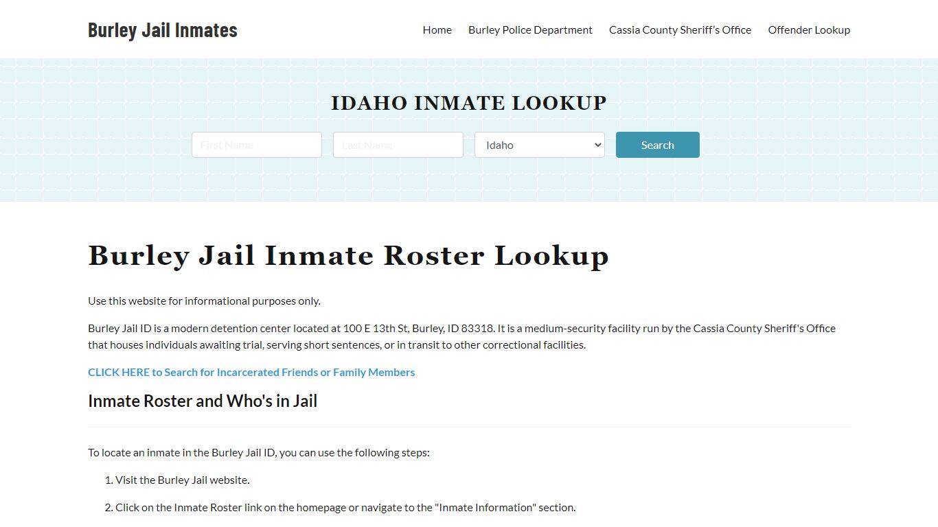 Burley Jail Inmate Roster, Cassia County, ID, Offender Search